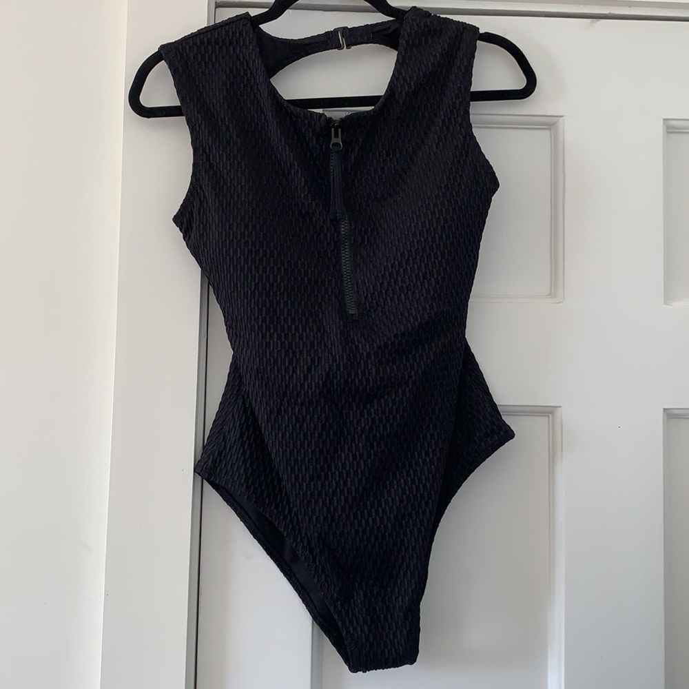 ANTHROPOLOGIE Textured Zip Up One Piece Swimsuit